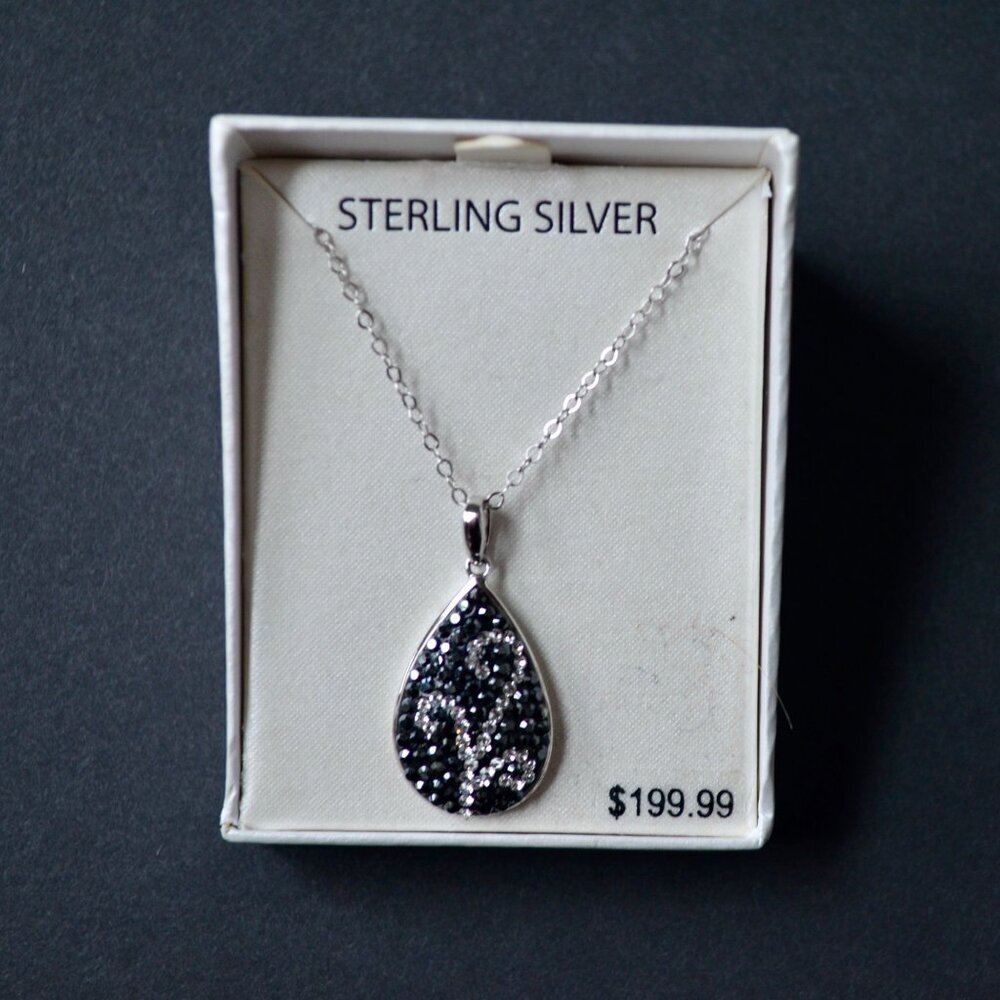 Sterling Silver Black Crystal Teardrop Swirl Necklace New